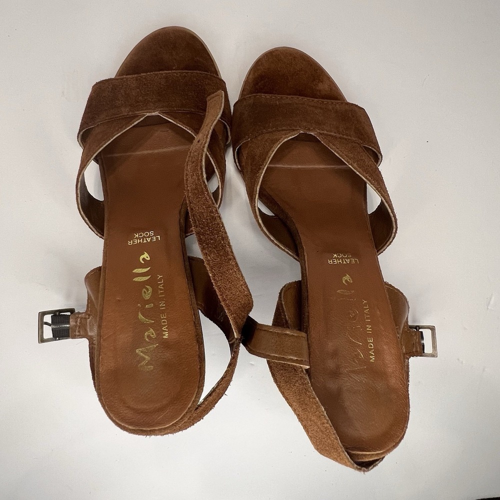 Mariella Brown Suede Block Heel Sandals 7.5M Made in Italy Leather Strap - Picture 7 of 11